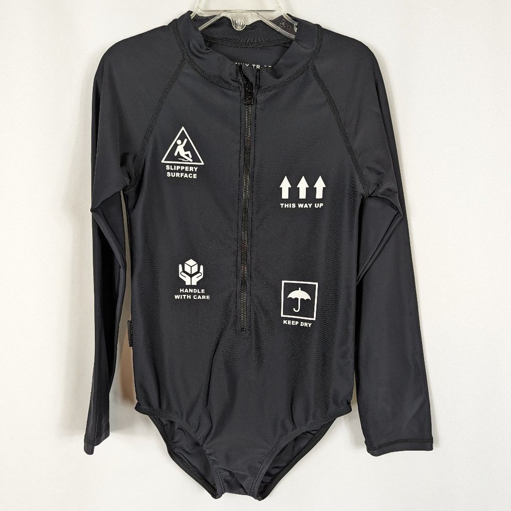 Tiny Tribe One Piece Swimsuit Zip Up Long Sleeve Rash Guard Black Girls Sz 6X-7
